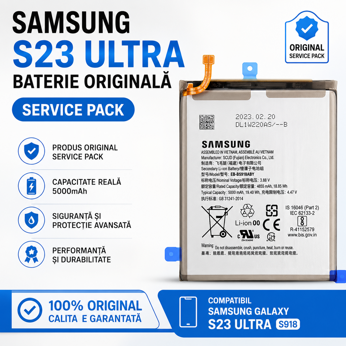 Acumulator, baterie Samsung Galaxy S23 Ultra S918 Original Service Pack - imagine 2