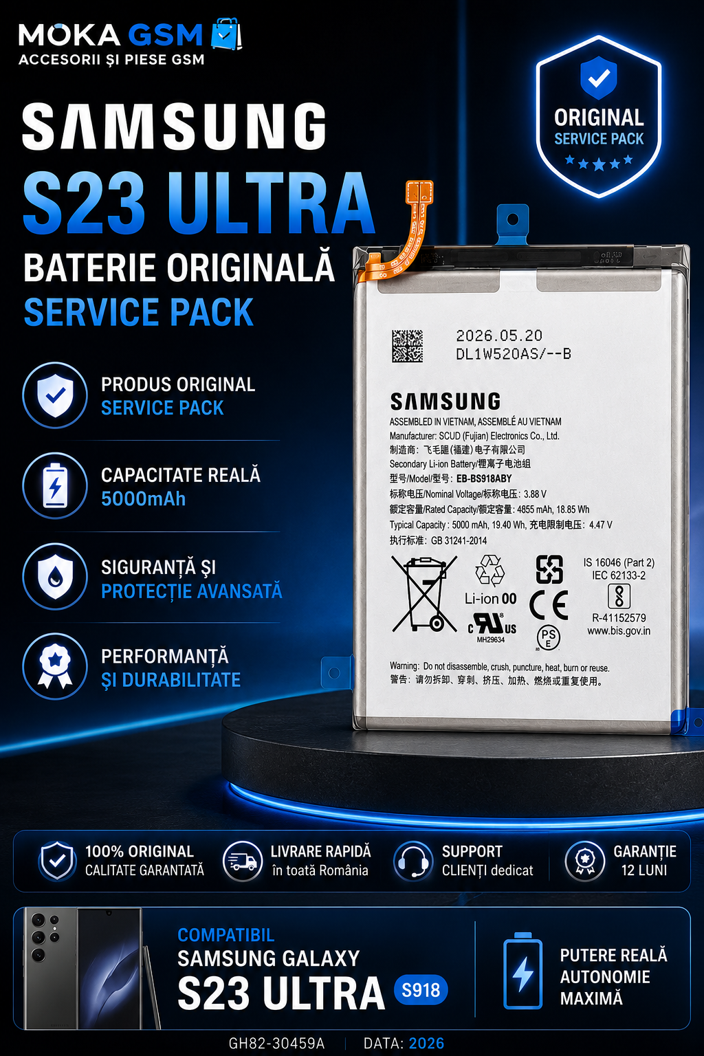 Acumulator, baterie Samsung Galaxy S23 Ultra S918 Original Service Pack - imagine 3